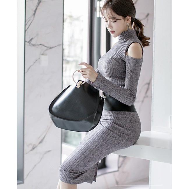 返品送料無料 肩開き Sexy ニット ニットワンピ リブニット ハイネック タイト ニッ 予約販売品