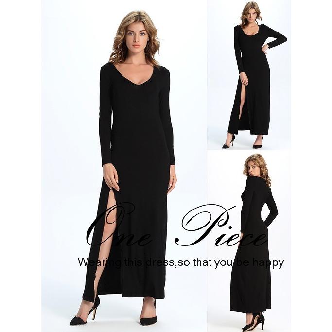 マキシワンピース マキシ丈ワンピース ロングワンピース フレアワンピース 長袖 レディース スリット入り 無地 シンプル 大人 セクシー Sexy 黒 Ven おとりよせ Com 通販 Yahoo ショッピング