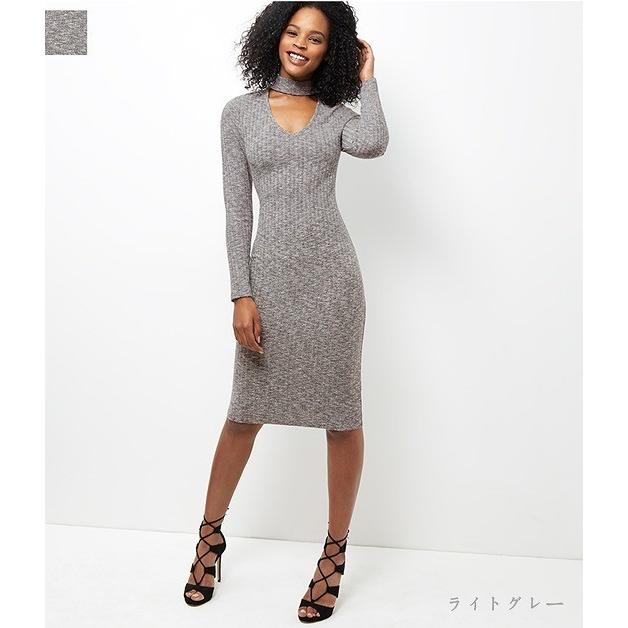 チョーカー風ネックライン 長袖ニットワンピース ニットワンピ タイト ひざ丈 ミディ リブニット Vネック 長袖 無地 シンプル レディース ワンピー Ven おとりよせ Com 通販 Yahoo ショッピング