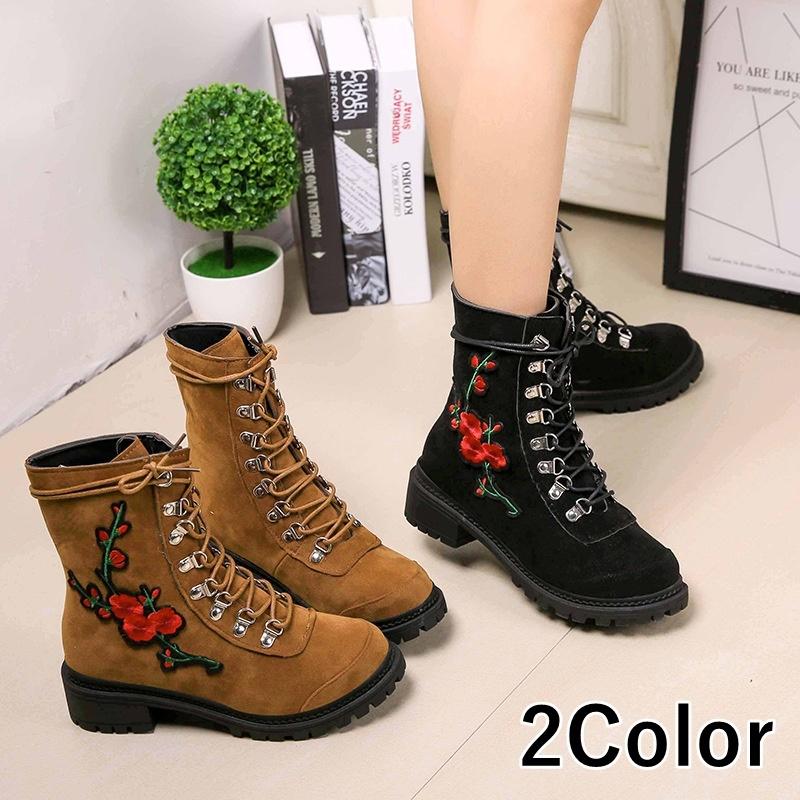 ショートブーツ レースアップブーツ 厚底ブーツ スエード調 ショート丈 レディース 靴 秋冬 花柄刺繍 可愛い ガーリー おしゃれ 5cmヒール ミド Ywk 8472 おとりよせ Com 通販 Yahoo ショッピング