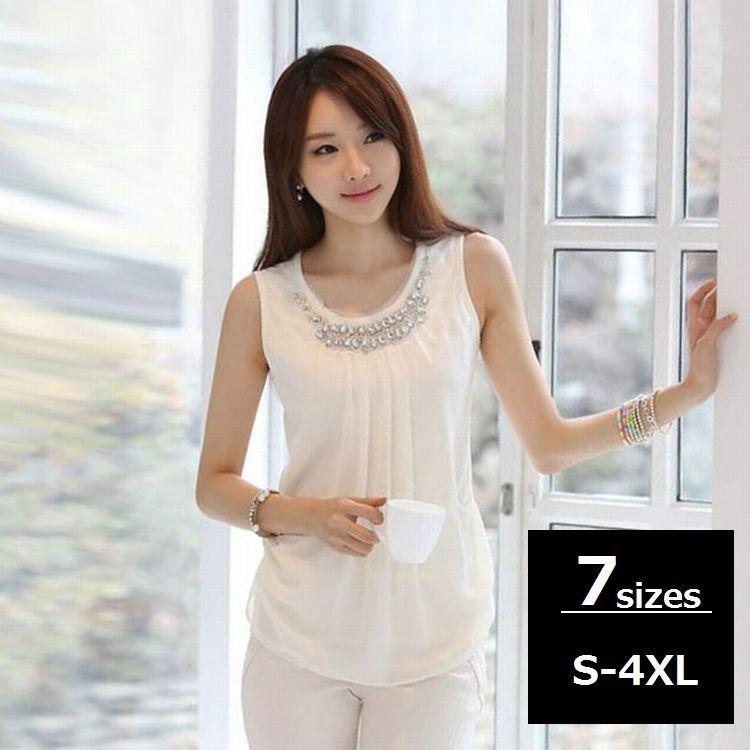 ビジュー付 ノースリーブブラウス シフォンブラウス レディース ブラウス トップス ラウンドネック タック ノースリ ビジュー シフォン プルオーバー Yy おとりよせ Com 通販 Yahoo ショッピング