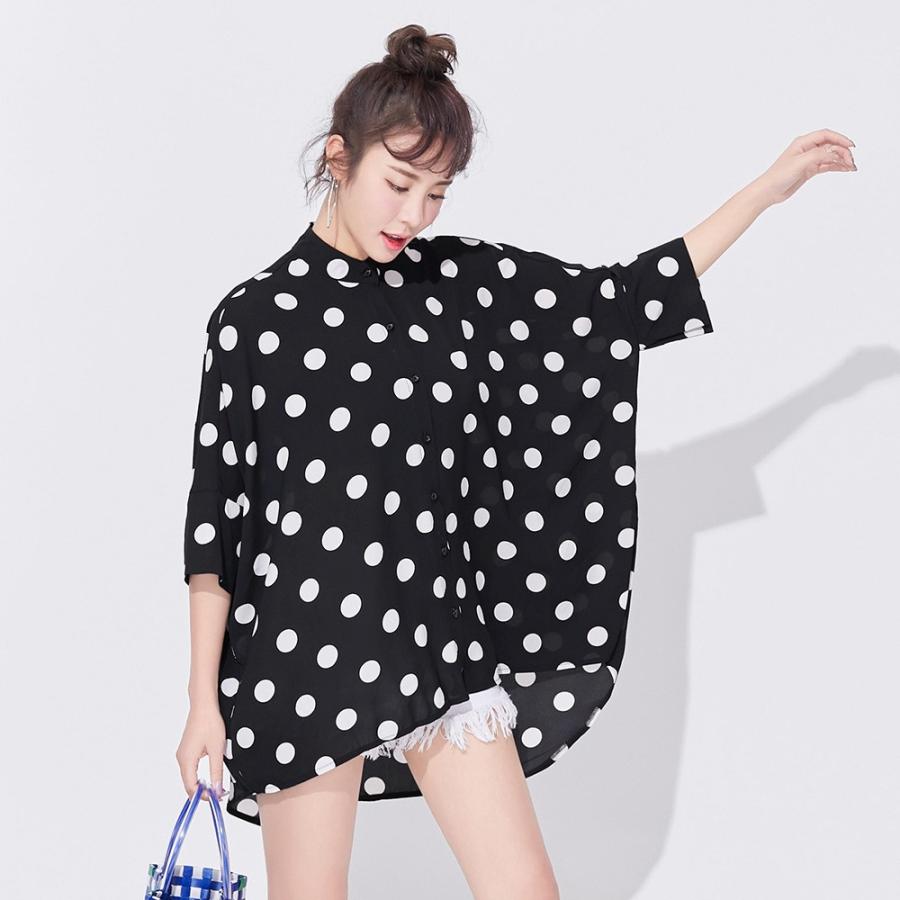 シフォンシャツ シフォンブラウス 水玉シャツ 水玉ブラウス 7分袖シャツ 7分袖ブラウス ロングシャツ ロングブラウス レディース トップス ドット柄 Yy おとりよせ Com 通販 Yahoo ショッピング