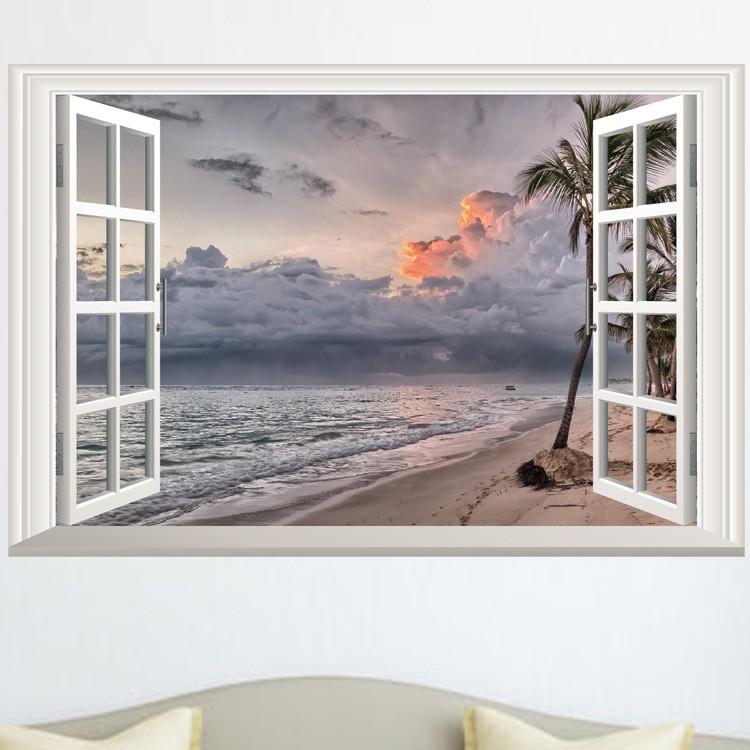 ウォールステッカー 壁紙シール シールタイプ 窓辺 窓枠 景色 風景 3d トリック ビーチ サンセットビーチ 夕焼け空 大人気の 立体的 壁シール 海辺 美麗