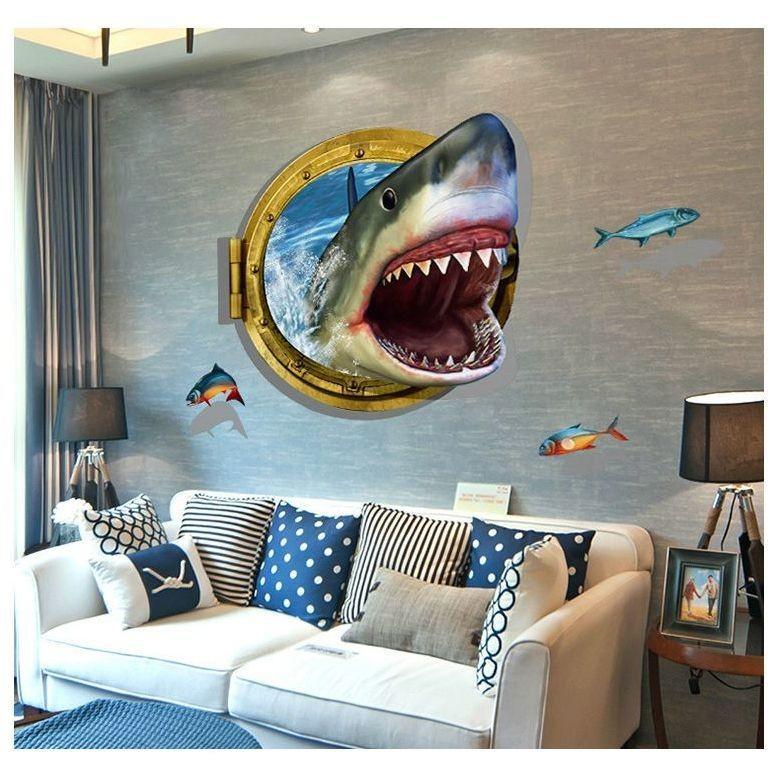 ラッピング無料 ウォールステッカー 壁紙シール 3D トリックアート ウォールデコレーション 立体的 鮫 サメ シャーク 飛び出す ルームデコレーション  だまし絵 魚 ウォールステッカー