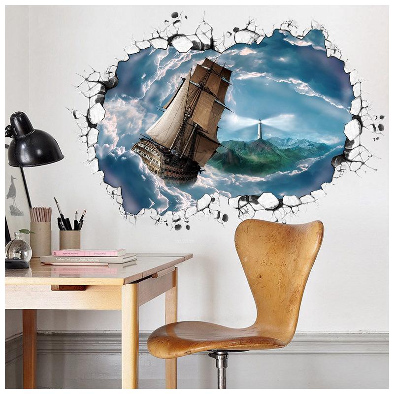 ウォールステッカー ウォールシール だまし絵 トリックアート 3d 立体的 飛び出す 壁シール 壁紙シール 航海 荒波 船 雲海 灯台 壁面装飾 壁装 Zak おとりよせ Com 通販 Yahoo ショッピング