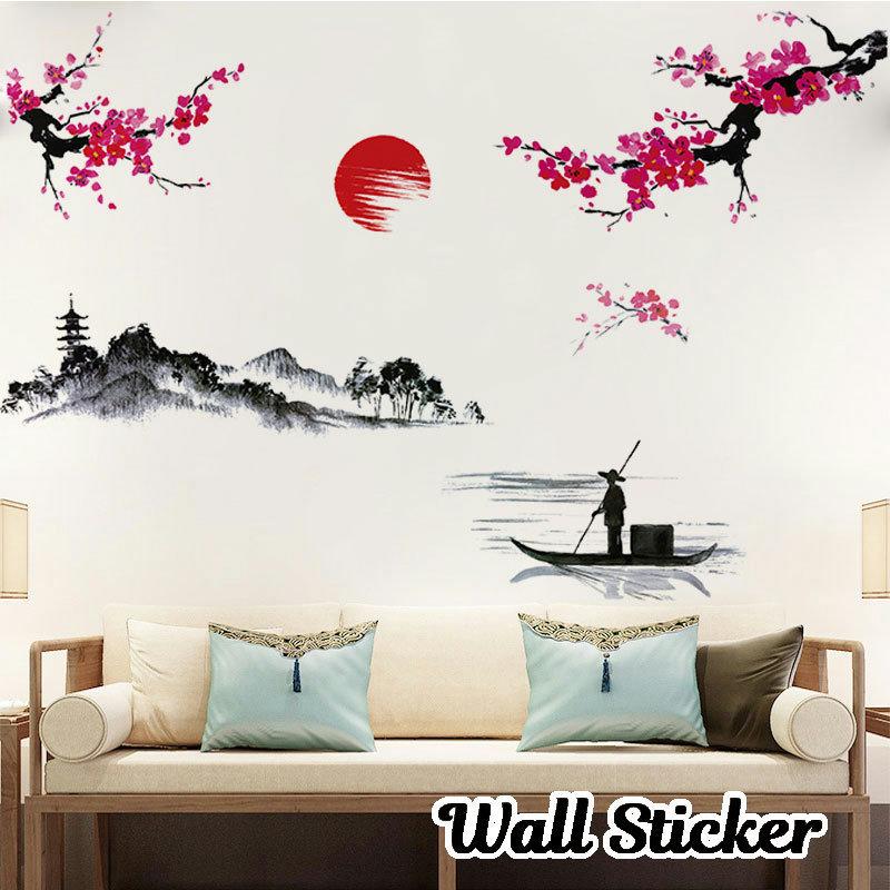 ウォールステッカー 壁紙シール 水墨画タッチ 太陽 船 梅 花 フラワー ルームデコレーション ウォールデコレーション おしゃれ 寝室 リビング ダイ Zak おとりよせ Com 通販 Yahoo ショッピング