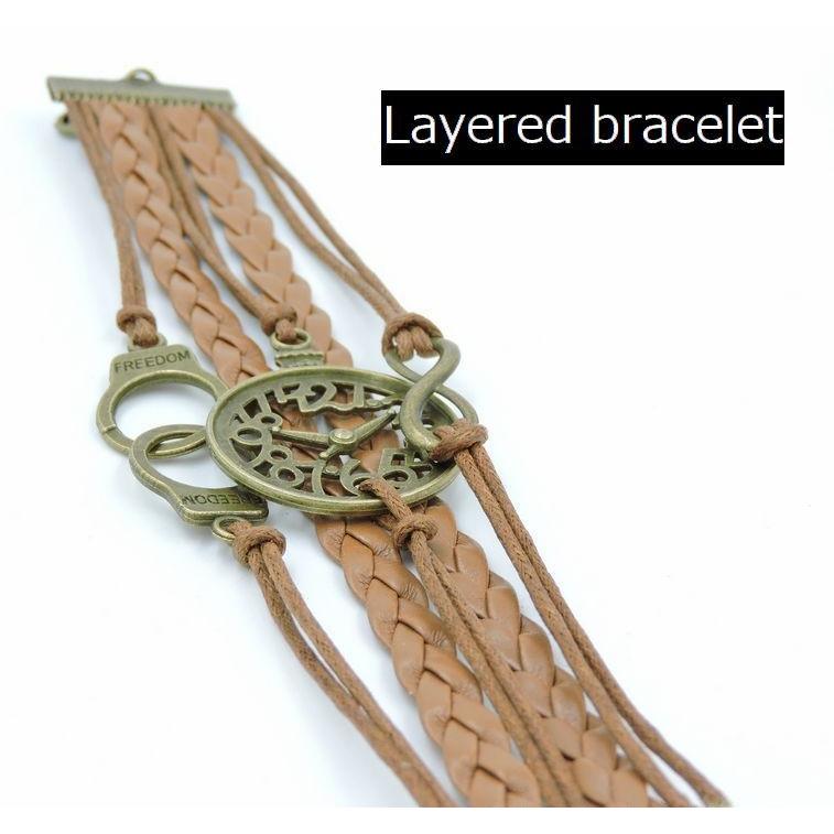 ブレスレット アクセサリー 5連 重ね付け風 組紐 時計 手錠 メンズ レディース 男女兼用 フェイクレザー 編み上げ かっこいい おしゃれ ブラウン 人気ショップ