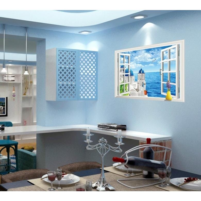 ウォールステッカー ウォールシール 壁紙 壁シール 3d 立体 トリックアート 海辺 リゾート ギリシャ風景 窓辺 癒し 壁デコ 壁面装飾 ルームデコ Zak 67424 おとりよせ Com 通販 Yahoo ショッピング