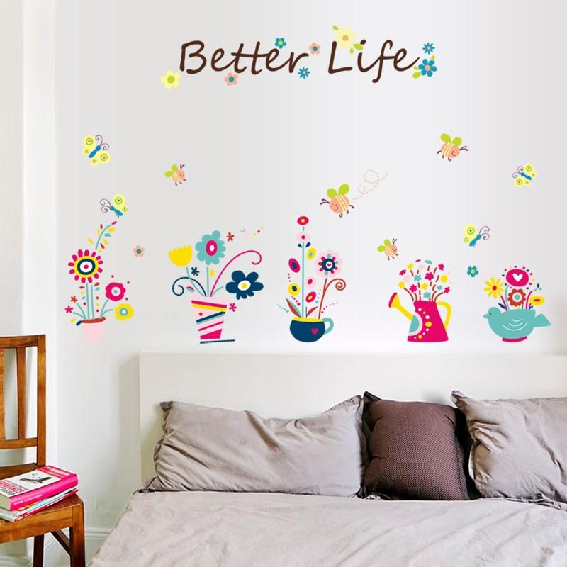 ウォールステッカー ウォールシール 壁紙ステッカー 壁紙シール 花 フラワー 花瓶 ミツバチ 蜂 Better Life 英字 英語 カラフル Pvc Zak おとりよせ Com 通販 Yahoo ショッピング