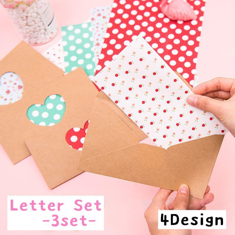 レターセット 3セット お手紙セット 手紙セット クラフト 窓付き封筒 文通 文通セット 手紙 レター 便箋 便せん かわいい 封筒 ドット フラワー Zak おとりよせ Com 通販 Yahoo ショッピング