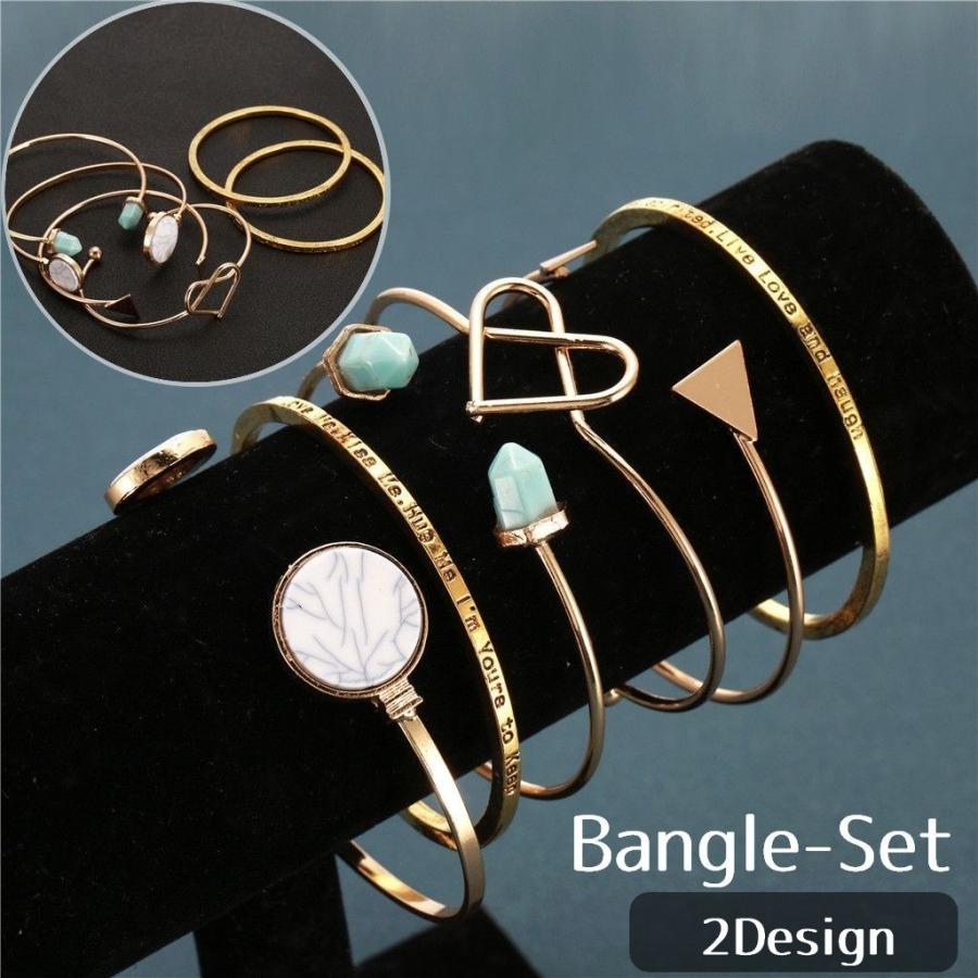 バングル ブレスレット セット 6個セット ゴールド ホワイト 白色 天然石風 ハート ボヘミアン 腕輪 重ね付け レディース アームレット 手首 彼 最大 Offクーポン