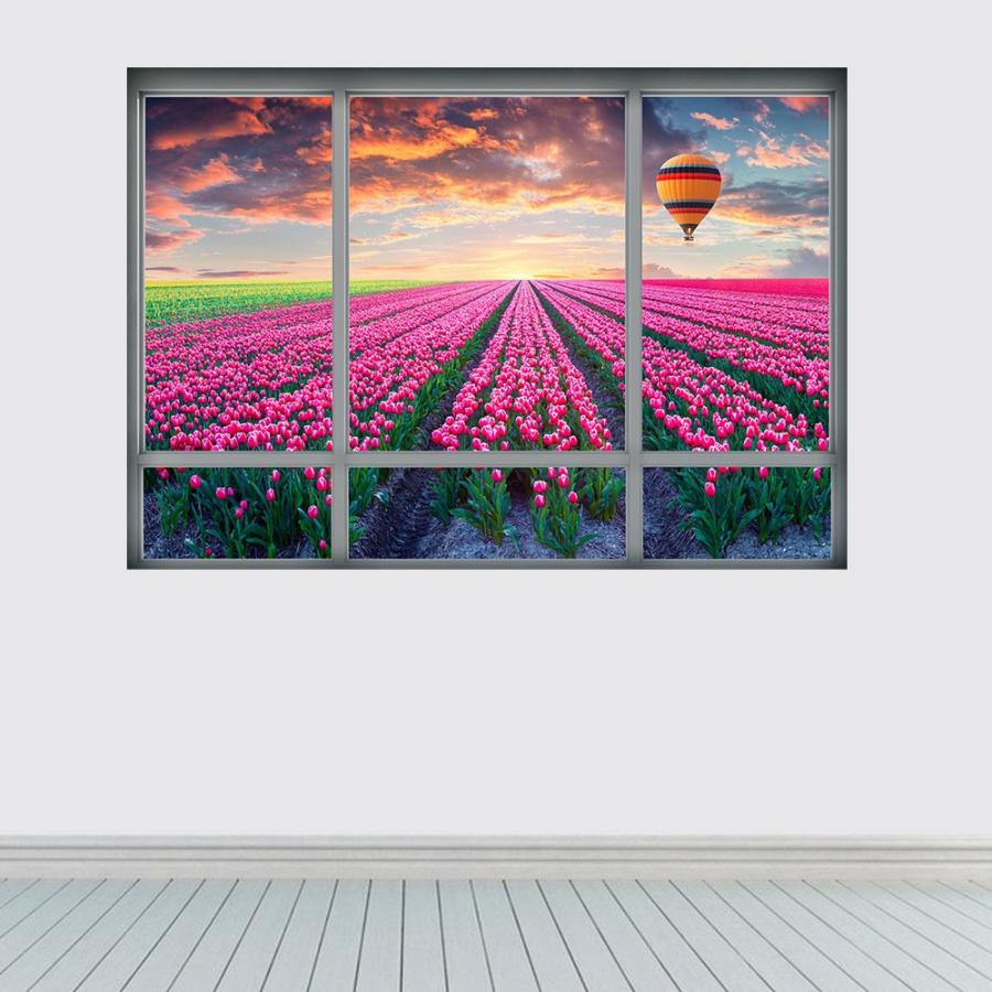 ウォールステッカー 壁紙シール シールタイプ 窓辺 窓枠 景色 風景 3d 立体的 チューリップ畑 夕焼け空 気球 美麗 壁シール トリックアート だ Zak 848 おとりよせ Com 通販 Yahoo ショッピング