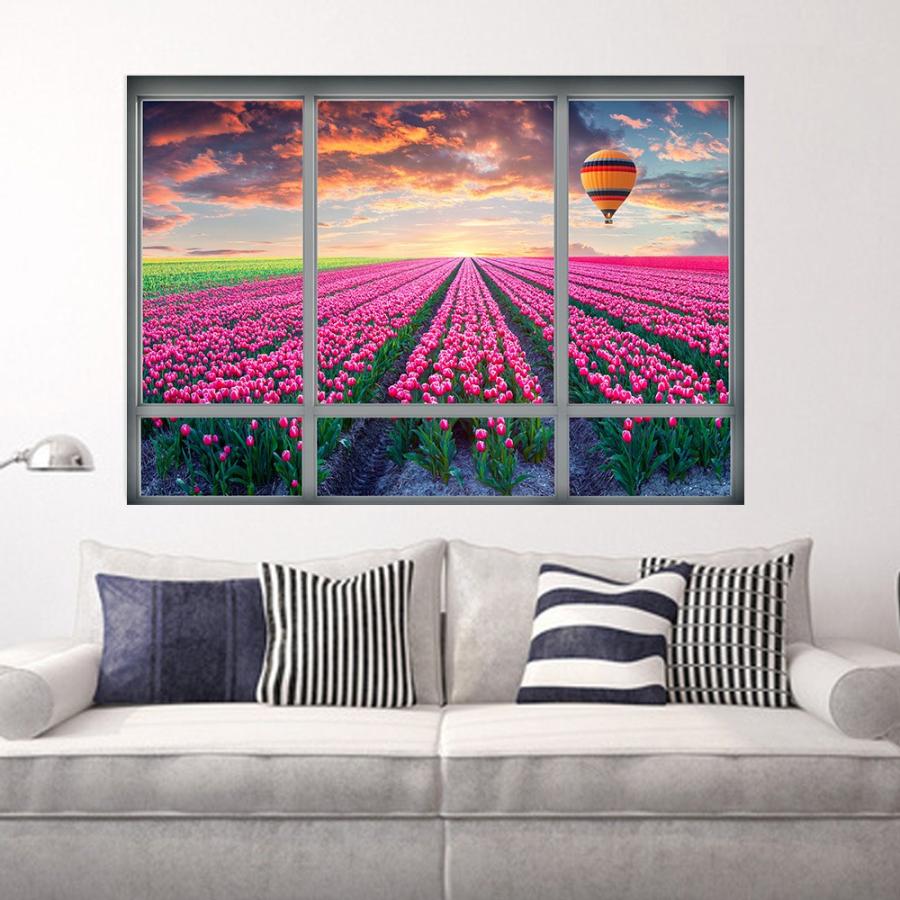 ウォールステッカー 壁紙シール シールタイプ 窓辺 窓枠 景色 風景 3d 立体的 チューリップ畑 夕焼け空 気球 美麗 壁シール トリックアート だ Zak 848 おとりよせ Com 通販 Yahoo ショッピング