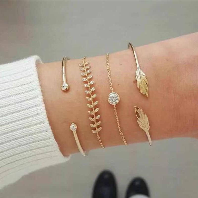 ブレスレット 4点セット アクセサリー レディース 女性用 バングル チャーム ラインストーン ゴールドカラー 葉 リーフ かわいい おしゃれ シンプ Zak おとりよせ Com 通販 Yahoo ショッピング