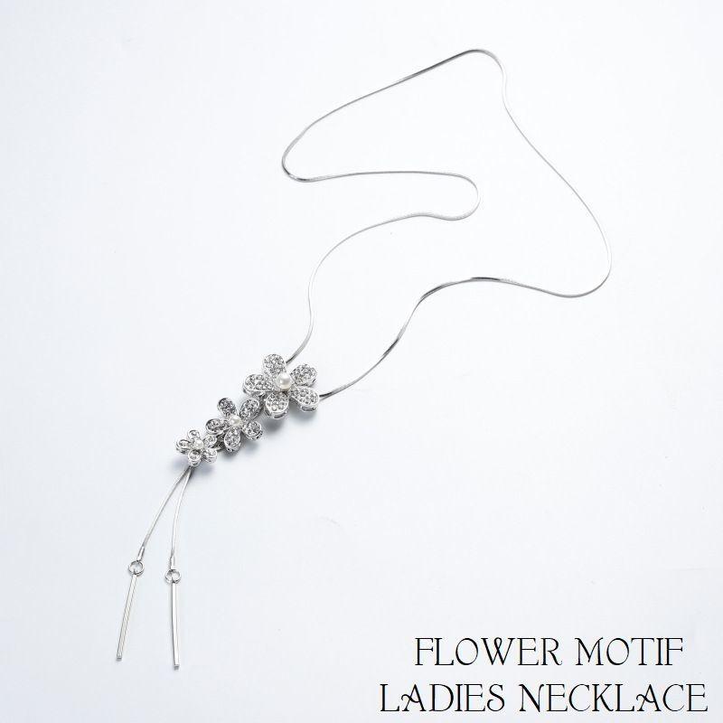 ロングネックレス ネックレス アクセサリー レディース フラワーモチーフ お花 花 フラワー フェイクパール ラインストーン チェーン 煌めく 輝く 大割引