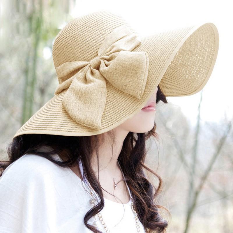 BIGリボン付ブレードハットつば広麦わら帽子 カンカン帽 女優帽