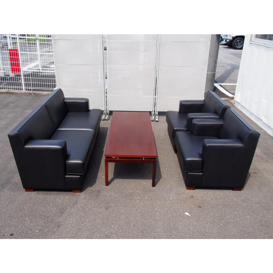 ☆ 美品 メーカー不明 総革張り 高級応接セット 4点セット 黒革張り 革