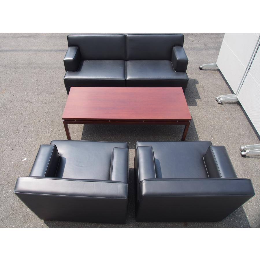 ☆ 美品 メーカー不明 総革張り 高級応接セット 4点セット 黒革張り 革