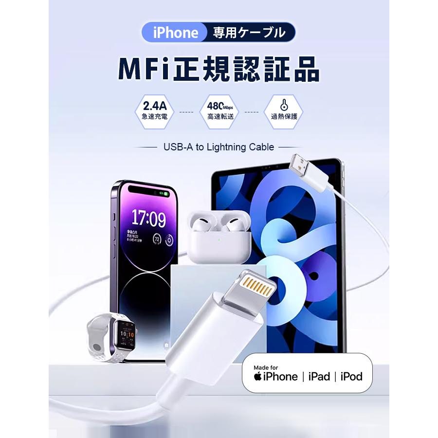 充電 ケーブル USB iPhone 0.25m/0.5m/1m/2m 高品質 AppleMFI認証品