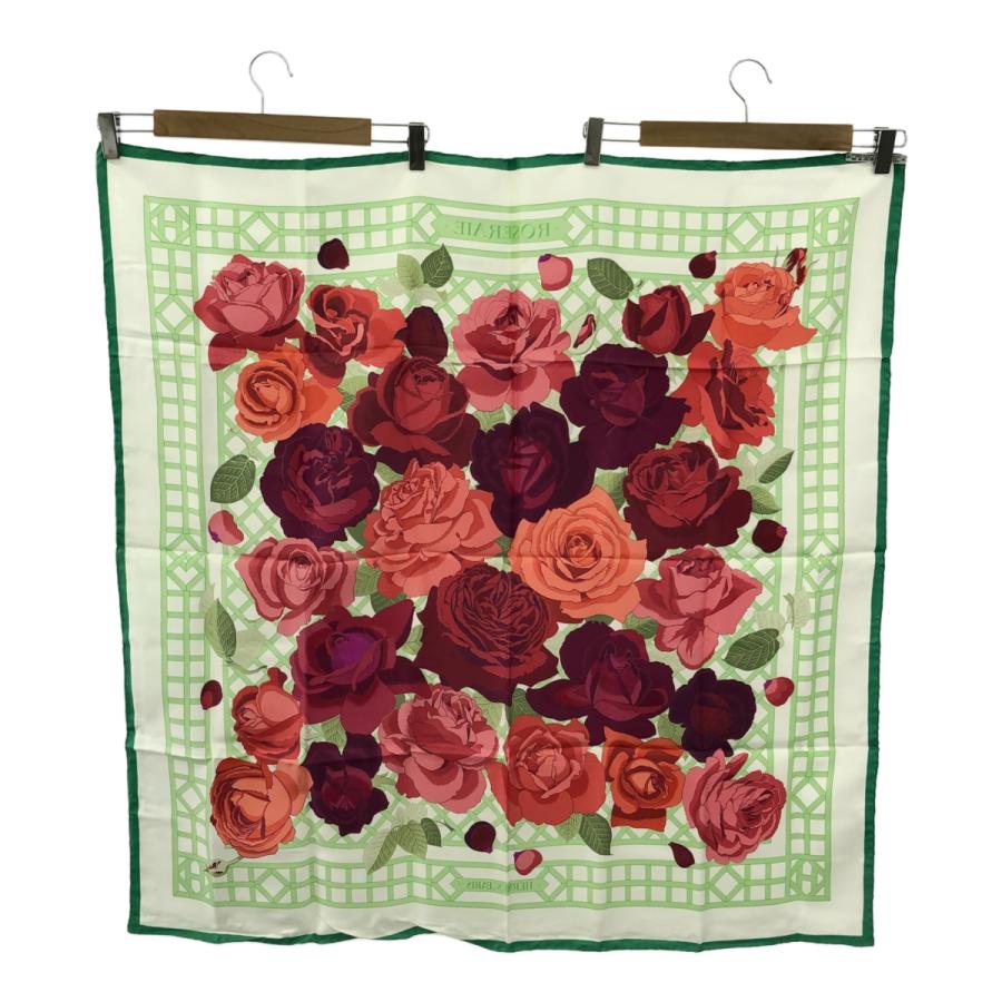 美品　エルメス　シルクスカーフ　カレ９０　バラ園　アイボリー　緑　ピンク　赤 質屋 美品 HERMES エルメス スカーフ カレ90 ROSERAIE バラ園