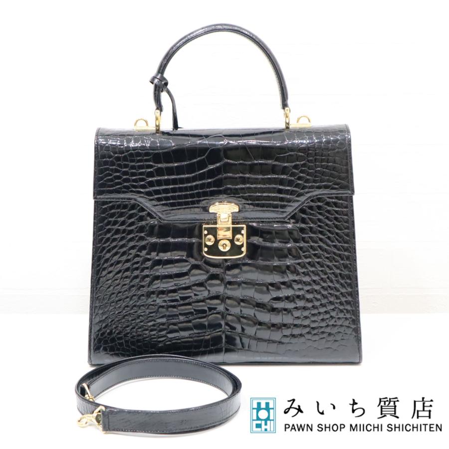 質屋 グッチ GUCCI レディロック クロコダイル バッグ 黒 スト付き 