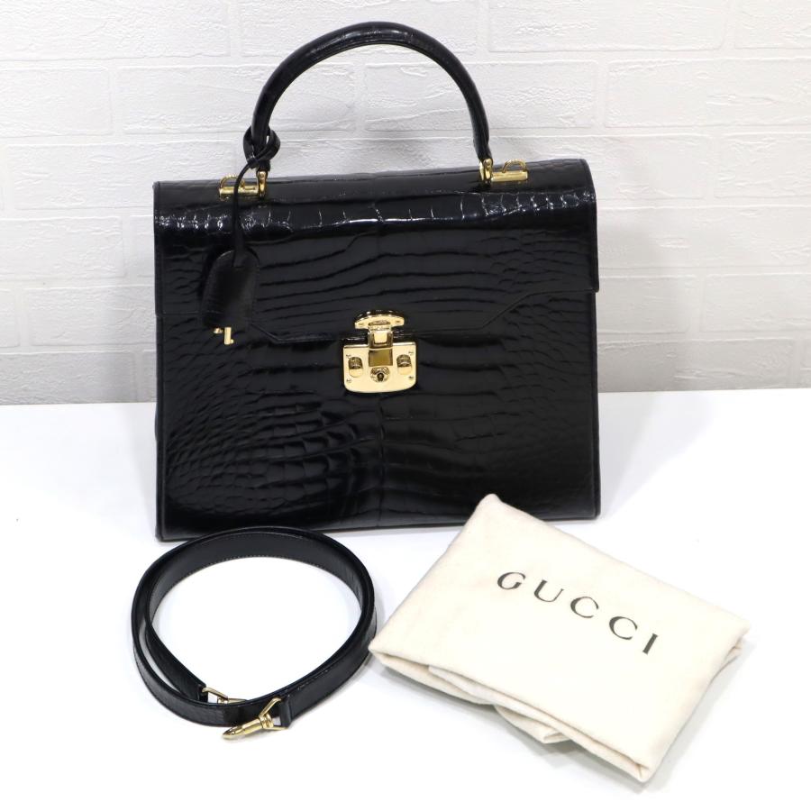 質屋 グッチ GUCCI レディロック クロコダイル バッグ 黒 スト付き 