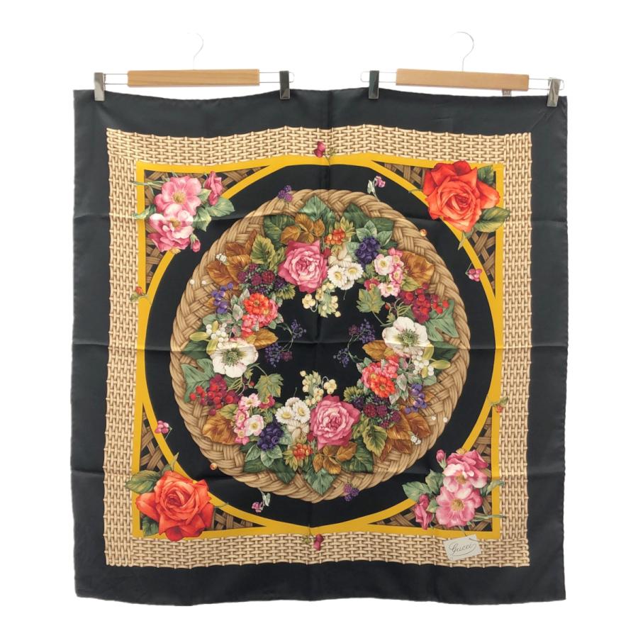 質屋 GUCCI グッチ スカーフ シルク100％ 花柄 バスケット柄 ブラック