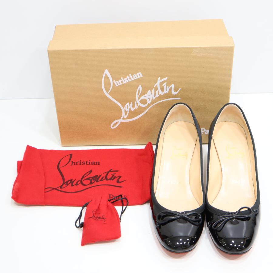 ✧美品【クリスチャンルブタン】パテントリボンパンプス　黒白金 質屋 Christian Louboutin クリスチャン ルブタン リボン ヒール