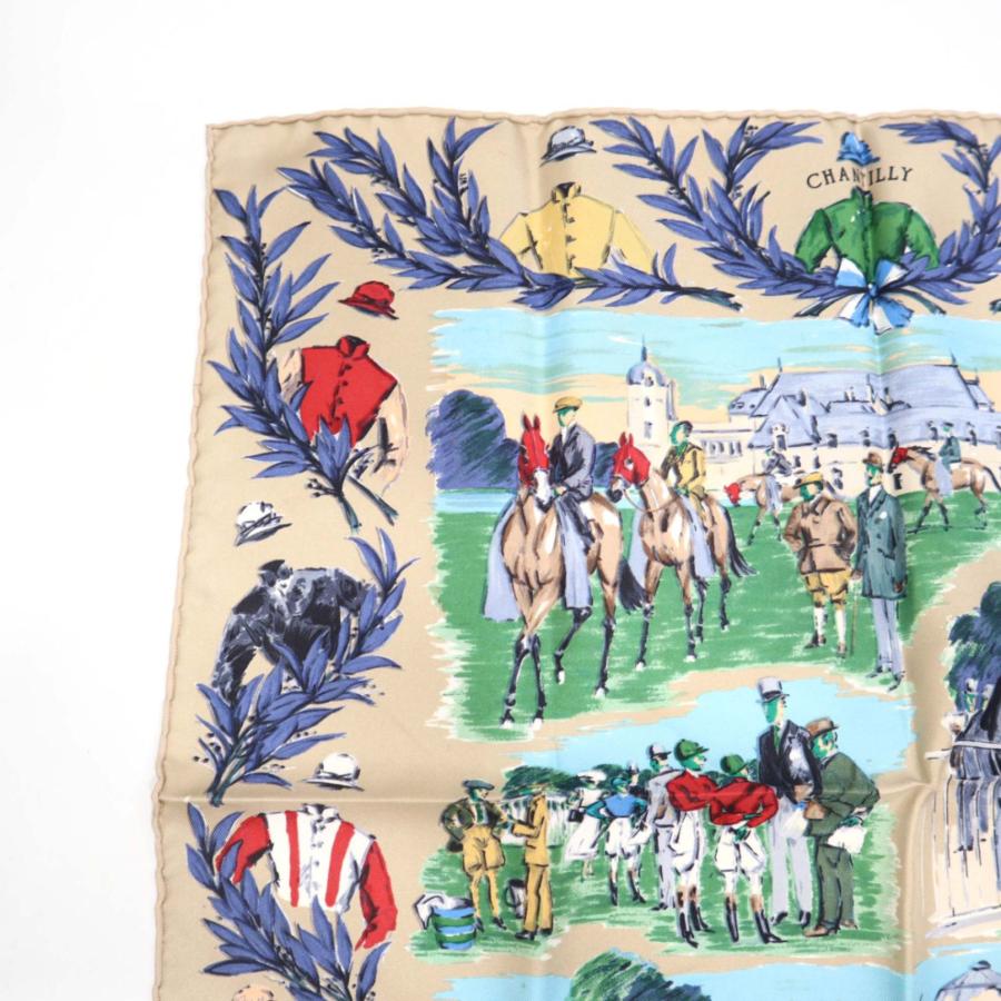 エルメス　カレ　40 プチカレ　スカーフ　ホース　馬　ブルー　オレンジ　シルク 質屋 HERMES エルメス スカーフ カレ40 CHANTILLY 競技場 シルク100