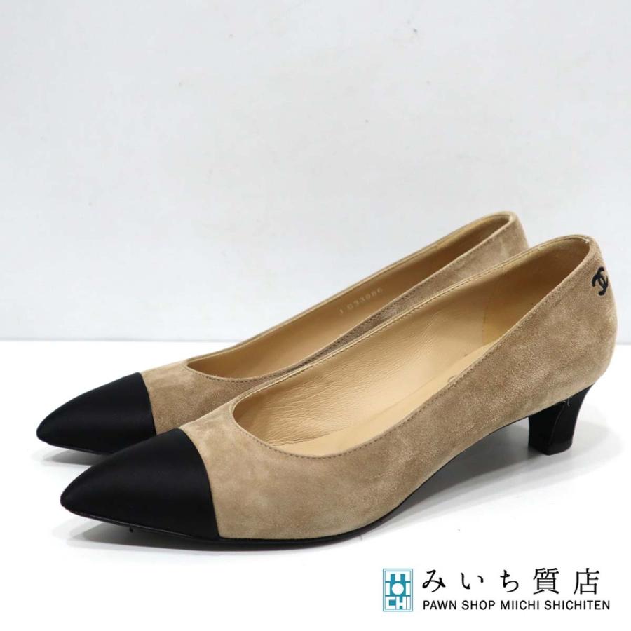 質屋 シャネル CHANEL パンプス スエード ベージュ ブラック 35.5 22.5