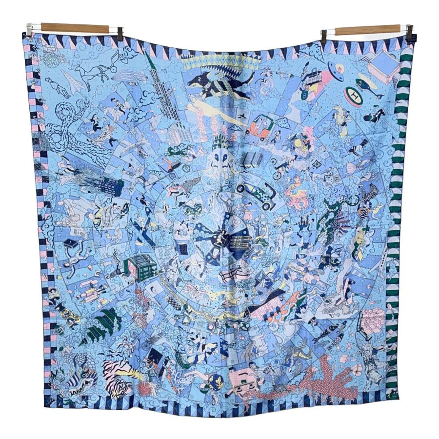 極美品 エルメス カレ140 カレジェアン カシシル 自然回帰 箱付 水色 質屋 HERMES エルメス カレジェアン140 エルメスの叙事詩 L'Epopeed