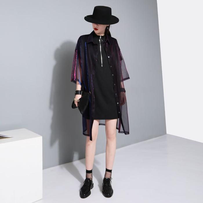 アイテム勢ぞろい シースルー シャツ トップス ロング チュニック ブラウス シアーシャツ オーロラ 透け感 光沢 ダンス衣装 ヒップホップ 七分袖 韓国 ワイド レディース Cy19n 1 Materialworldblog Com