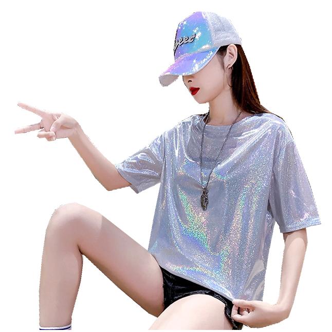 訳あり ダンス 衣装  Tシャツ【シルバー】 トップス キラキラ 派手 ヒップホップ 大人 レディース ガールズ キッズ cy26n-p0 |  | 04