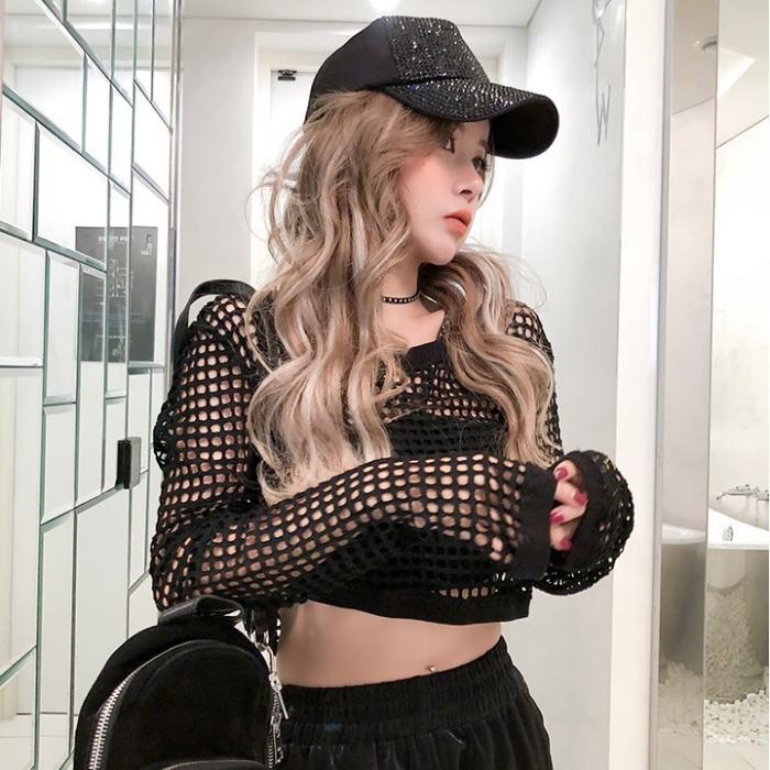 ダンス衣装 メッシュ トップス Tシャツ 長袖 ショート丈