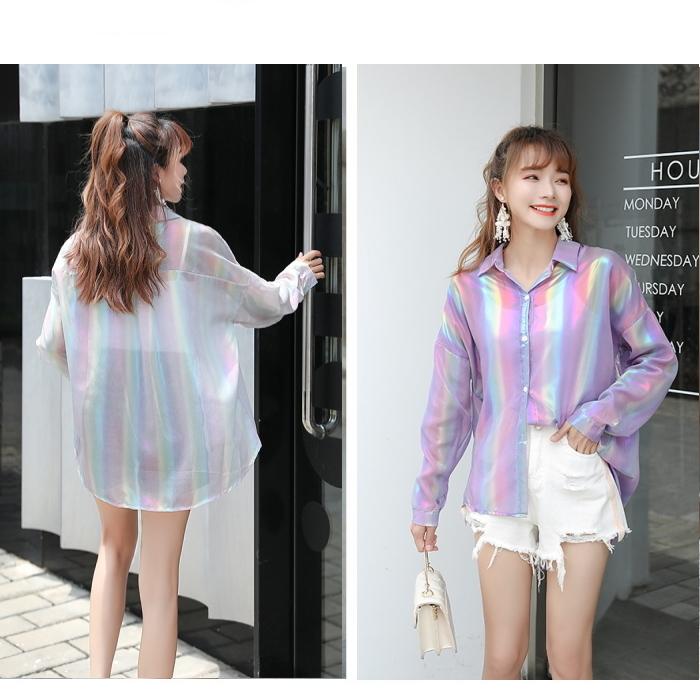 オーロラ 透け感 シースルー トップス【パープル-B】シアーシャツ 光沢