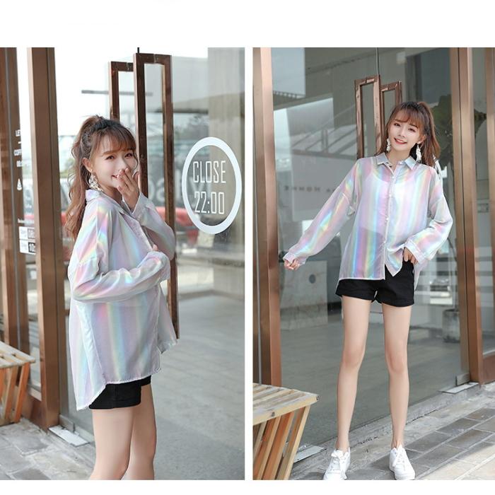 オーロラ 透け感 シースルー トップス【ホワイト-B】シアーシャツ 光沢