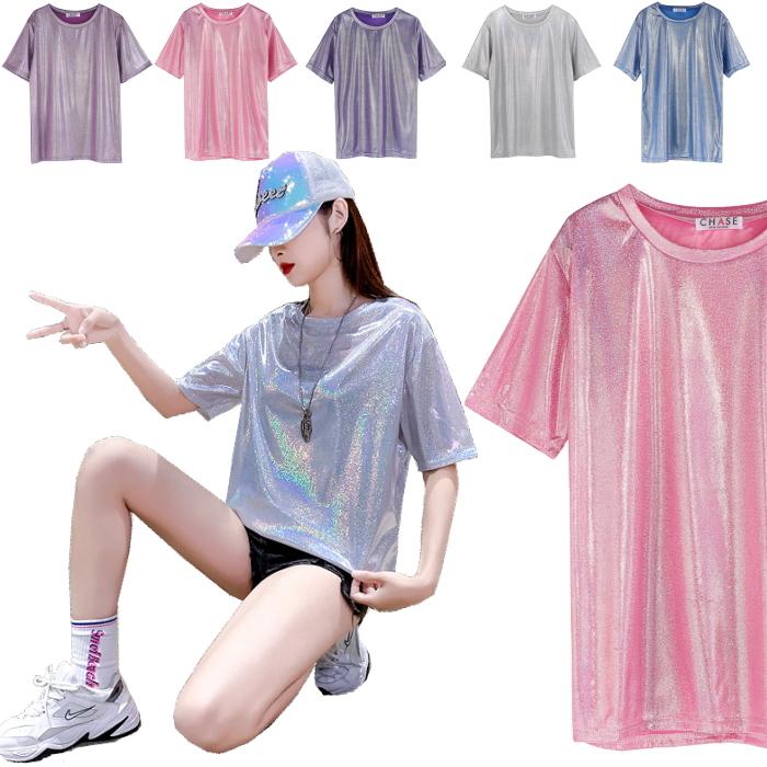 ヴィンテージ 立体 ポップコーントップス Tシャツ 光沢 メタリック シルバー メタリック トップス Vネック クロス タイト インナー 光沢 長袖 舞台