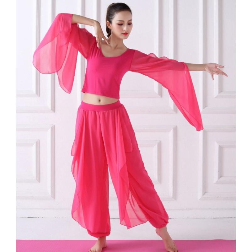 優雅な衣装 セットアップ 長袖トップス スカーチョ  ピンク へそ出し シースルー シフォン ダンス衣装 レディース 体操  ベリーダンス衣装 ミカドレス cy3n-2｜mika