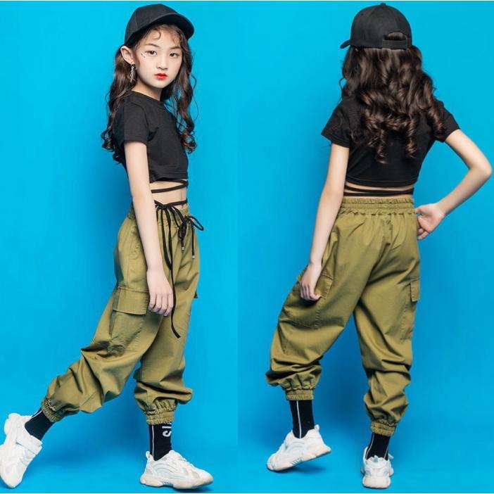 ショート丈 Tシャツ トップス ダンス 子供 キッズ ダンス衣装 黒 半袖 へそ出し チビT ミニT 韓国 おしゃれ クロス 編み上げ ハイネック スケーター cy240n-pa｜mika｜04