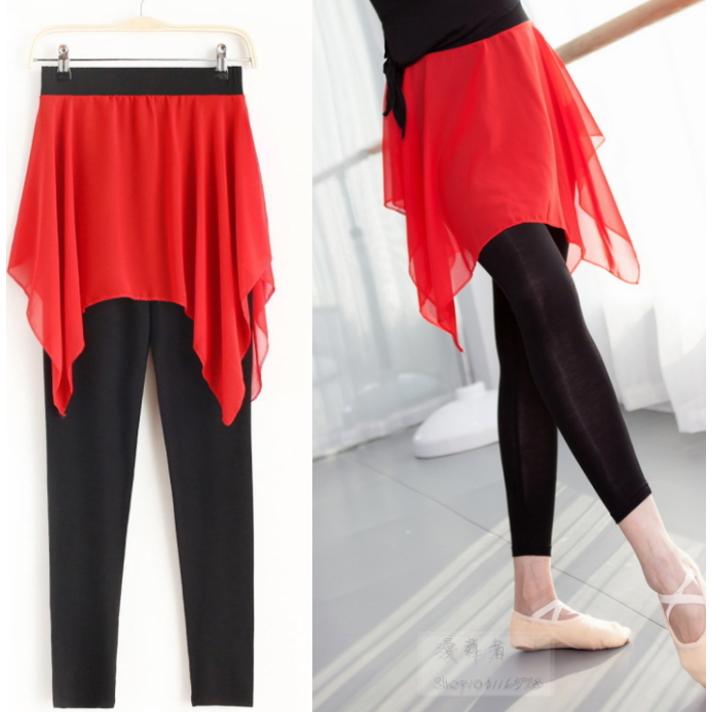 ダンス衣装 スカート付きパンツ【レッド-裾ショート 】レギンス ダンス パンツ  シフォン スパッツ レギパン ミカドレス cy6n-p0 | 