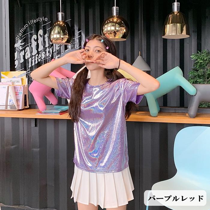 ダンス衣装 ラメTシャツ きらきら メタリック トップス 半袖 ヒップ 