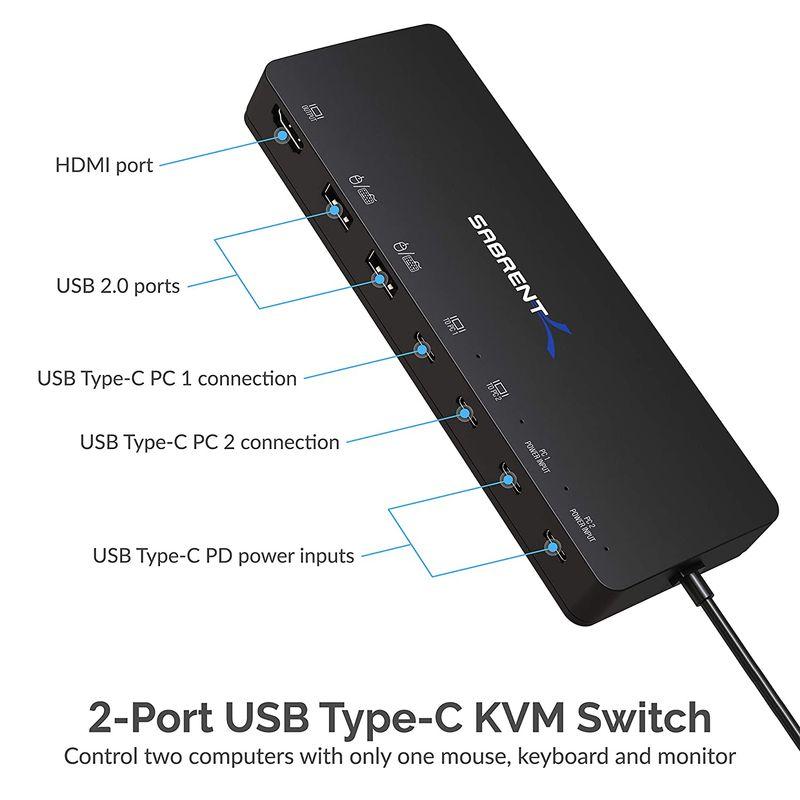 SABRENT Usb Type-c Kvm スイッチ、2ポート入力、5ポート出力、2つの電力供給60 WATTのusb C、1 HDMI、 分配器、切替器 UTEK UT-2112 外部電源 RS-232 リピーター ミニサイズ 光電アイソレーター フルライン