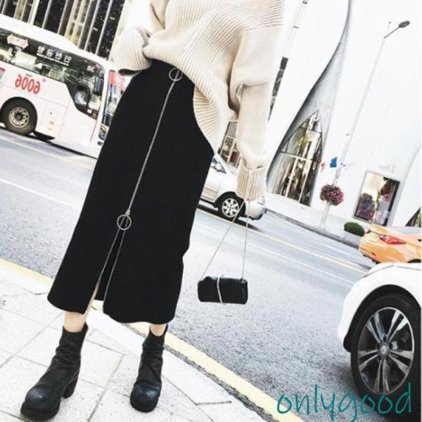 タイトスカート スリット ジップ ロングスカート ハイウエスト