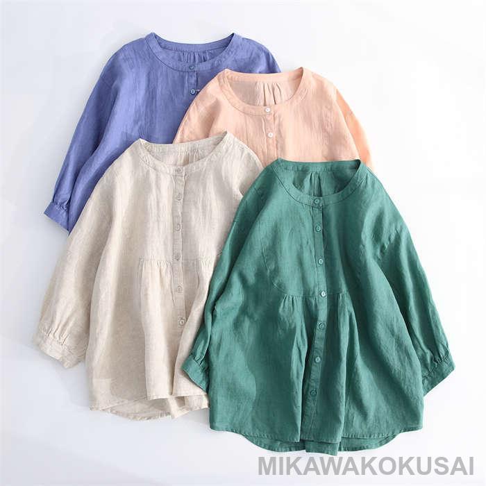 シャツ ブラウス バンドカラー 長袖 リネン 綿麻 レディース 秋