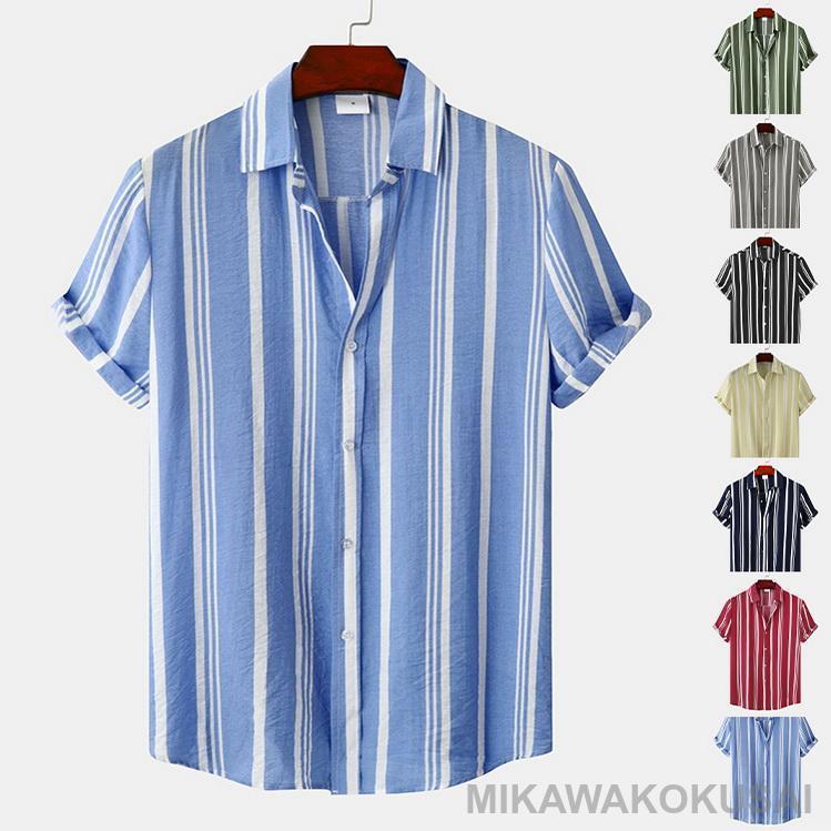 メンズ 半袖シャツ カジュアルシャツ 開襟シャツ ストライプ柄 お兄系