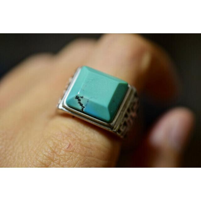 85-25 上品 大玉 天然 トルコ石 メンズ リング 四角 青緑 ターコイズ 