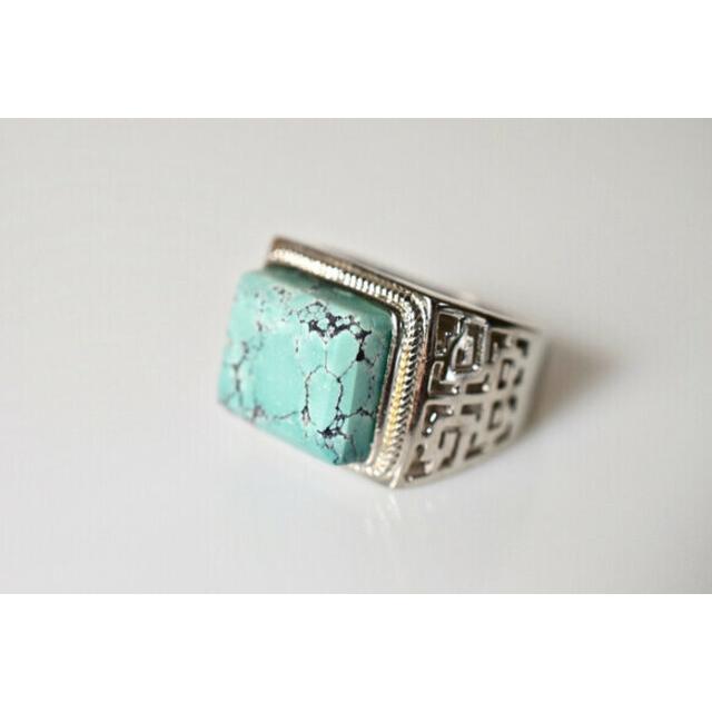 70 天然 トルコ石 メンズ リング 四角 長方形 薄緑青 ターコイズ 70 上品 天然 トルコ石 メンズ リング 四角 長方形 薄緑青