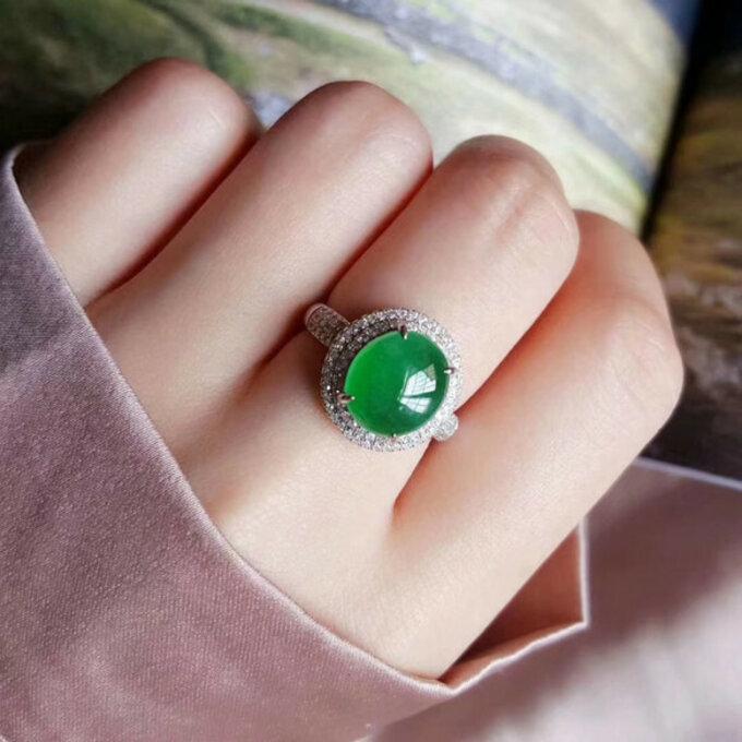 398 受注制作 極上品 天然 氷種 濃陽緑 本翡翠 k18金ゴールド リング  