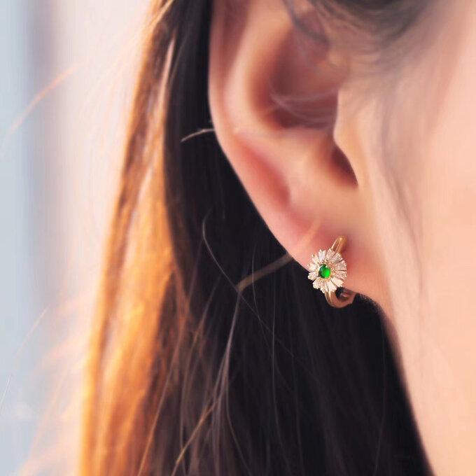 687 受注制作 k18金 天然 A貨 翡翠 ヒスイフープピアス デイジー  