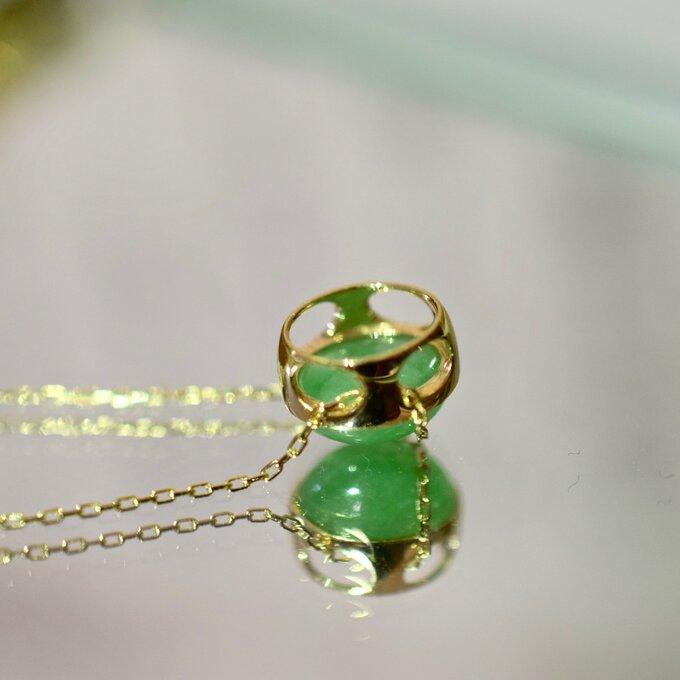 25 受注制作 k18金ゴールド 天然 緑 本翡翠 楕円 ペンダント  